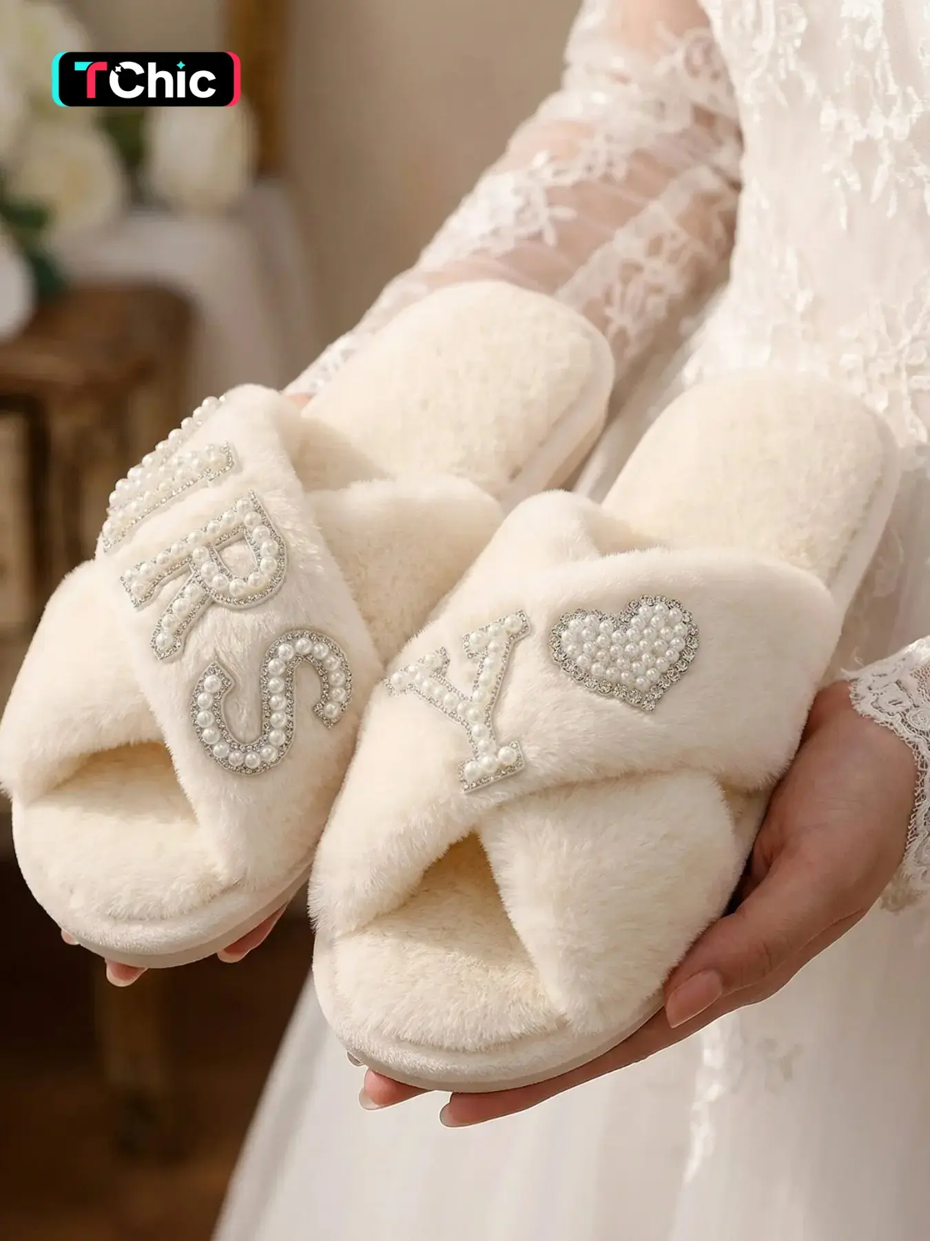 Ivory Cross Band Fuzzy Bride Slippers With Pearl Rhinestone MRS Letter & Pearl Heart, Open Toe Soft Plush Warm Indoor Slides, Non Slip, Rubber Sole, Matching Wedding Robe, Bridal Shower Honeymoon Gift, Photo Prop For Wedding B, Footwear
