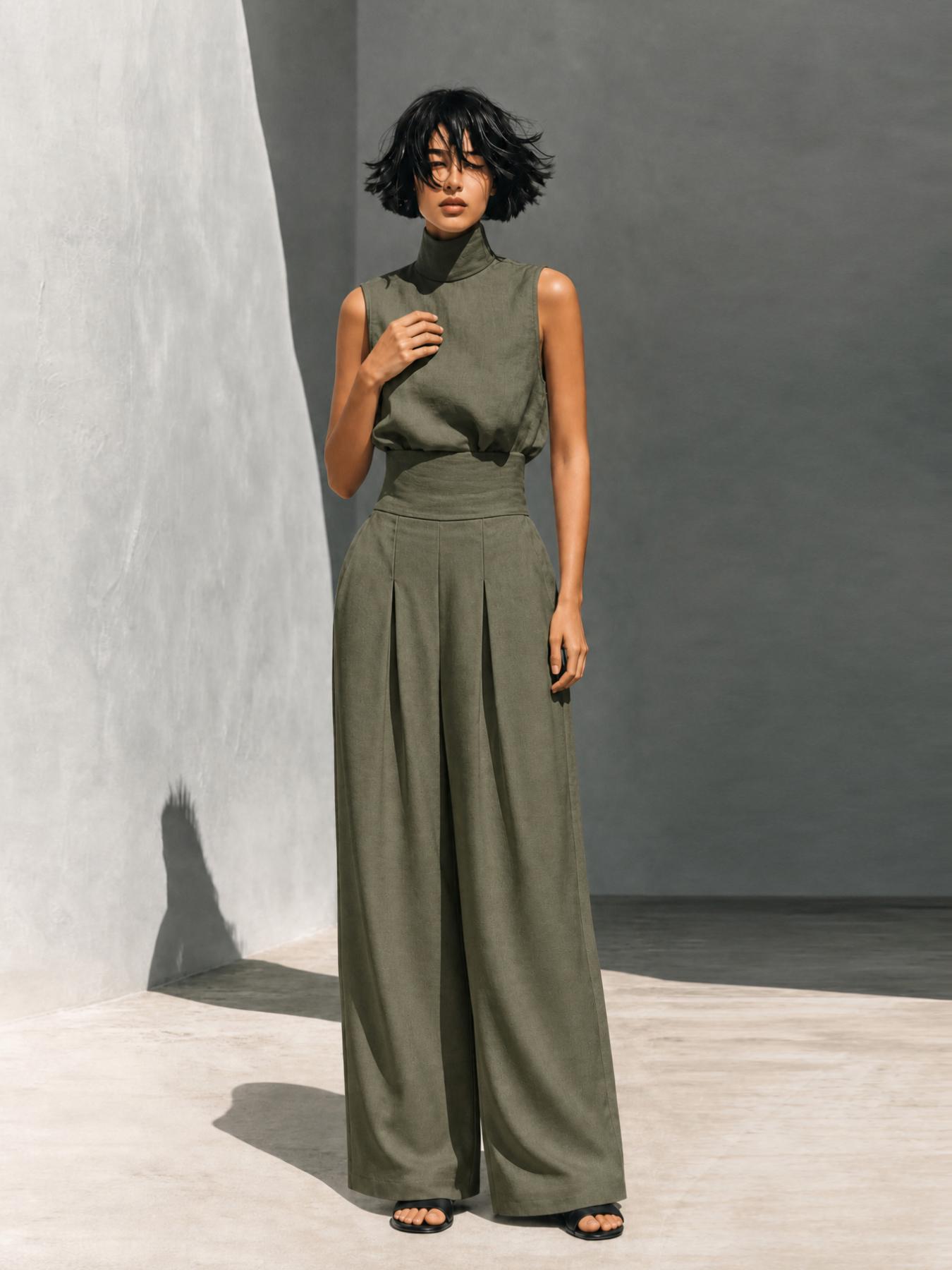 Elegant Lightweight Breathable High-Neck Sleeveless Two-Piece Loungewear Set for Women, High-Waisted Wide-Leg Pants with Pockets, Boho Style Home Sleepwear Suite Pajamas
