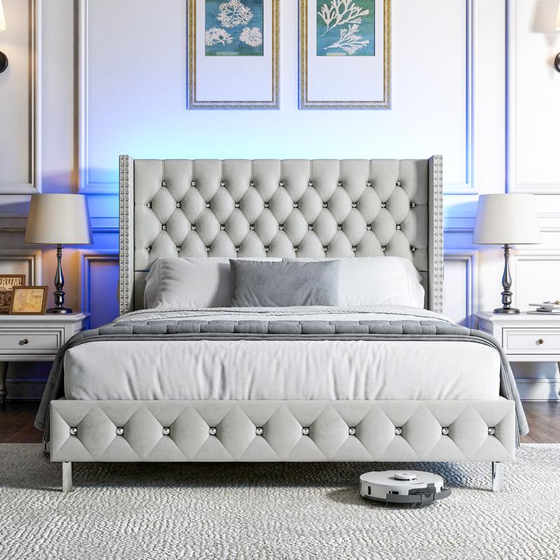 Queen LED Upholstered Bed Frame with Wingback Headboard, Velvet Diamond Button Tufted Bed Frame with USB & Type-C Ports, Wood Slats Support, No Box Spring Needed, Cream White/Dark Gray