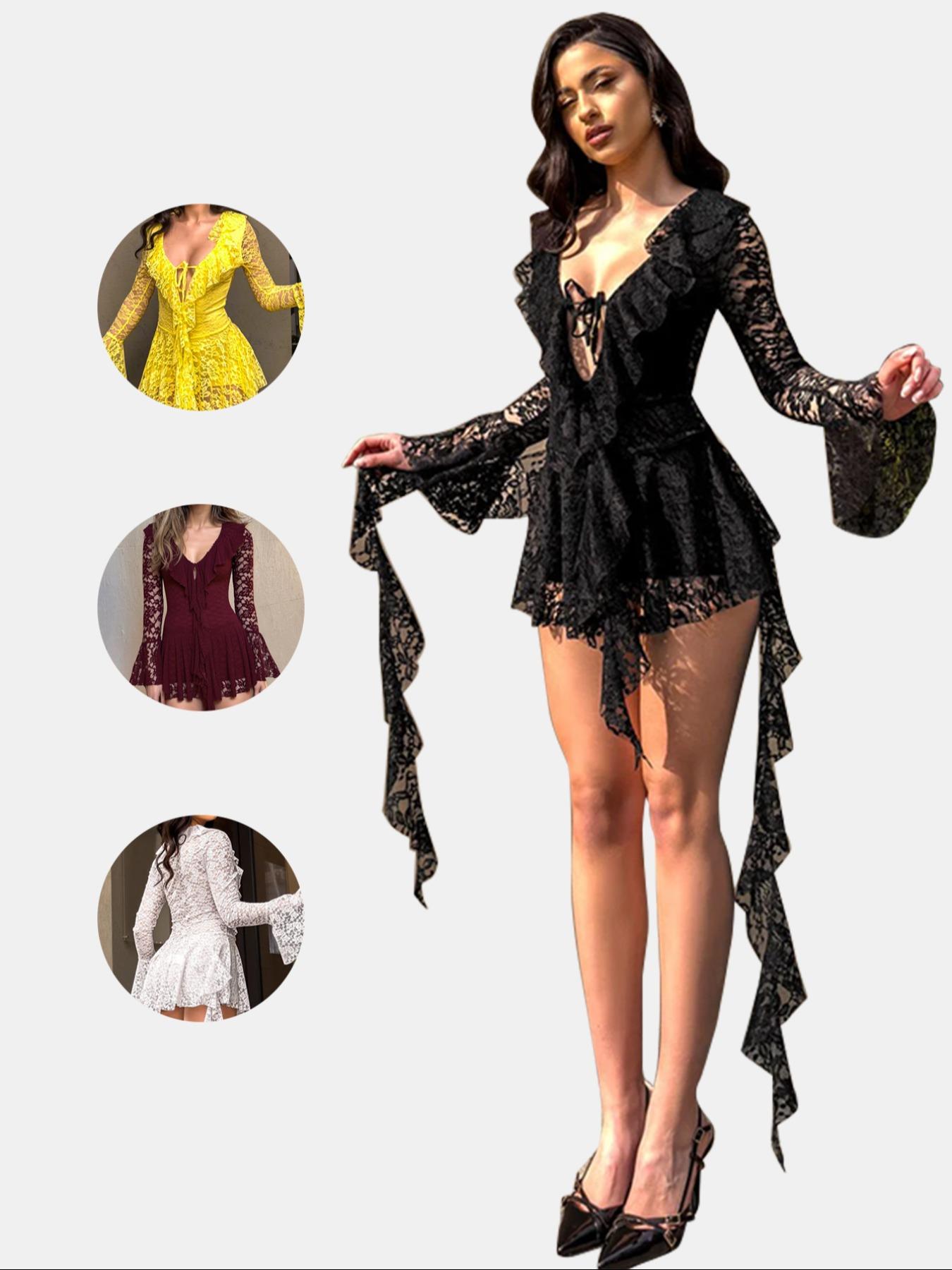 Women's Fashion Y2K Lace Bow Tie Flounce Sleeve Dress, Trendy Comfortable Long Sleeve, Stylish Ladies' Clothing