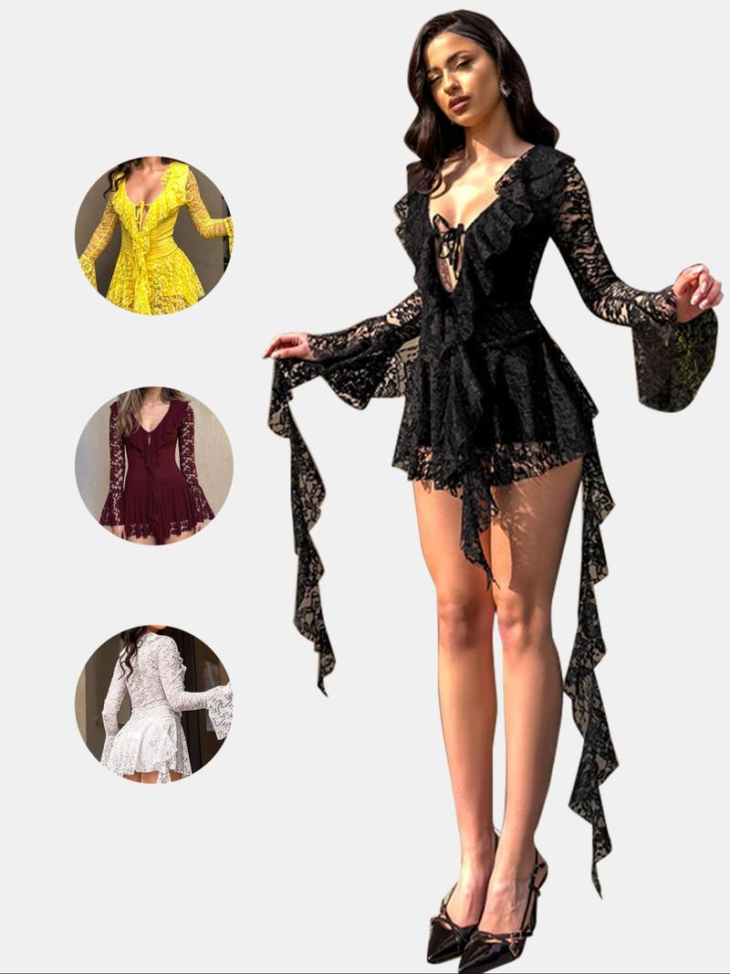 Women's Fashion Y2K Lace Bow Tie Flounce Sleeve Dress, Trendy Comfortable Long Sleeve, Stylish Ladies' Clothing