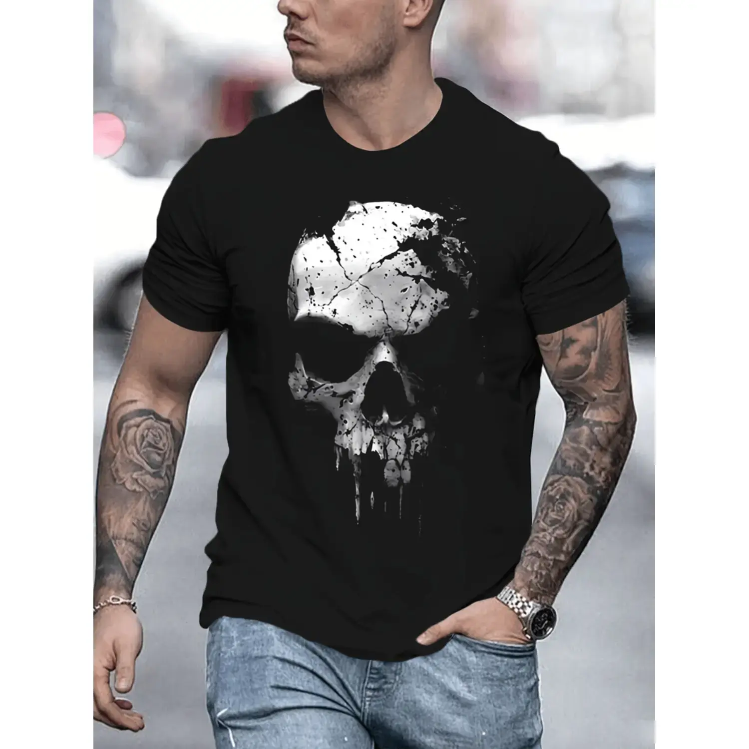 Unisex Vintage Cracked Drip Skull Graphic T-Shirt, Distressed Grunge Skeleton Print Black Heavy Cotton Short Sleeve Gothic Streetwear Casual Tee