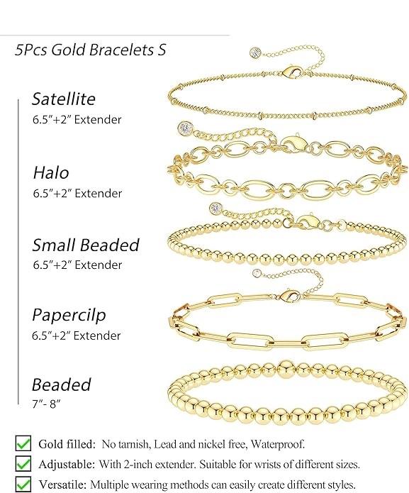 Tewiky Waterproof 14K Gold Plated Copper 6-Piece Bracelets Set for Women Elegance in Every Link Adjustable Size Hypoallergenic Gift Box Included For Valentine's Day gifts