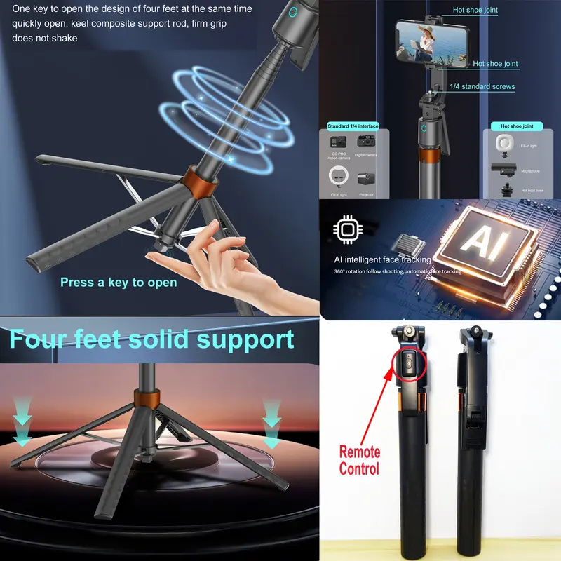 Product Introduction of 360-Rotatable Selfie Stick Tripod, Rechargeable Smart Face Tracking Tripod with 2 Fill Light, Auto Face Tracking Phone Holder for Vlog, Live Streaming, Smartphone Camera Accessories 8