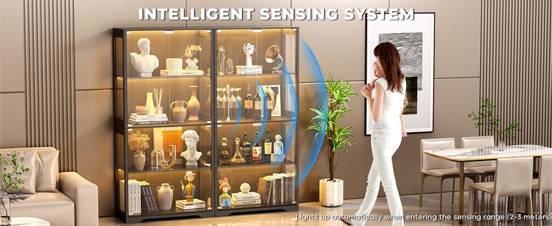 MIIFUNY Display Cabinet with Glass Doors, Storage Cabinet with 3 Color Light, 4-Tier Curio Cabinet&Bookcase for Collectibles, Toys, Books, for Playroom, Bedroom, Study Room, Black