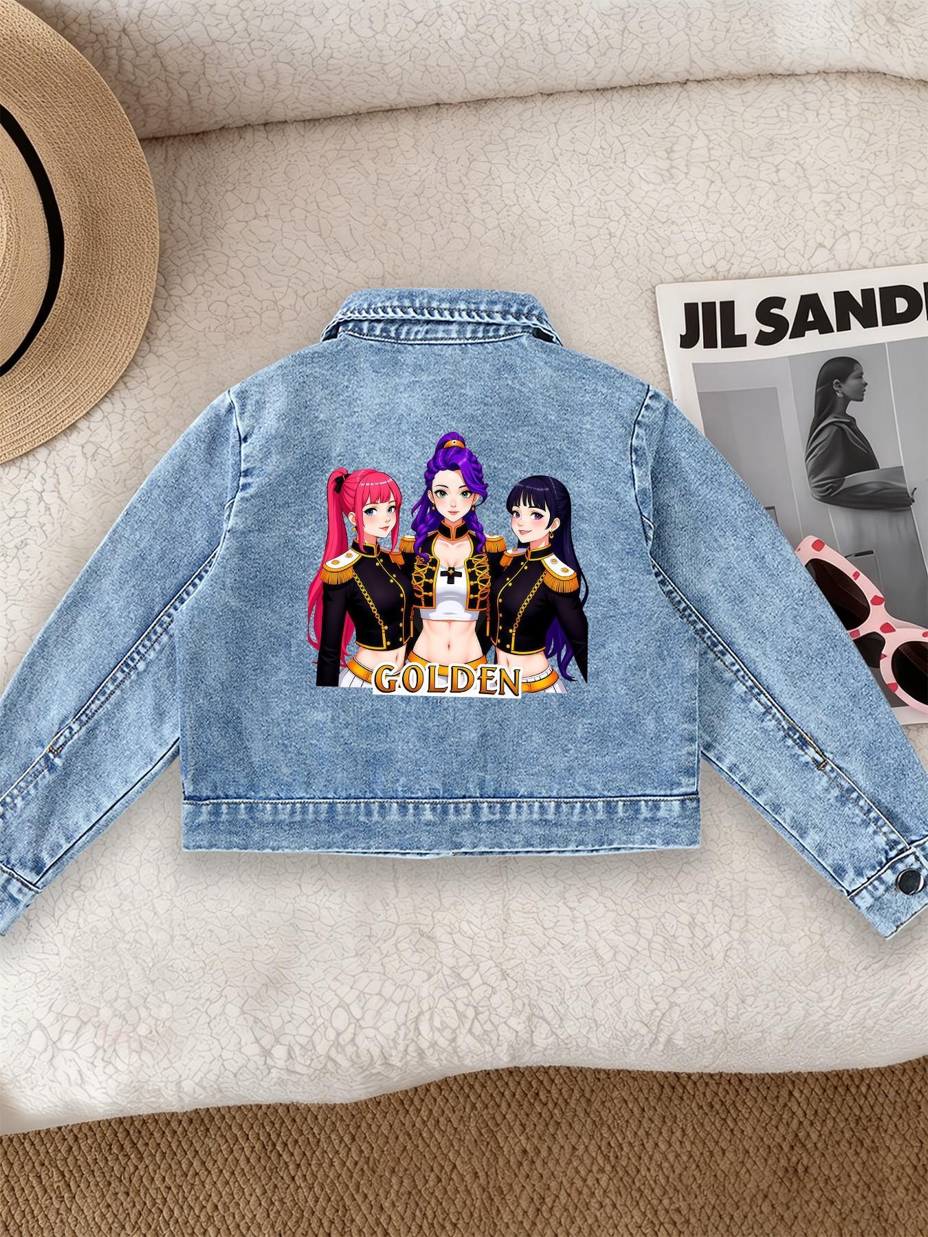 Girls' Casual Fashion Denim Jacket, Sweet Cool Kpop Pattern Print, Comfortable Fit, Suitable for School and Dates, Ages 12 and Under