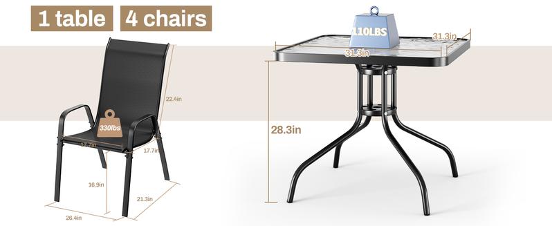 5 Piece Outdoor Patio Dining Set (Umbrella not Included), Porch Furniture with 4 Textline Chairs, 1 Square Glass Table for Garden, Backyard and Poolside, Lawn