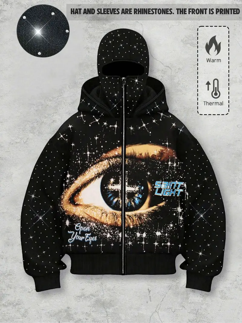 【Black Friday】Unisex Loose Rhinestone-Embellished Zipper Hoodie, Eye Print Warm Fleece-Lined Hooded Sweatshirt, Autumn and Winter Wear, Hip-Hop Street Style Graphic Top for Nightclubs and Music Festivals