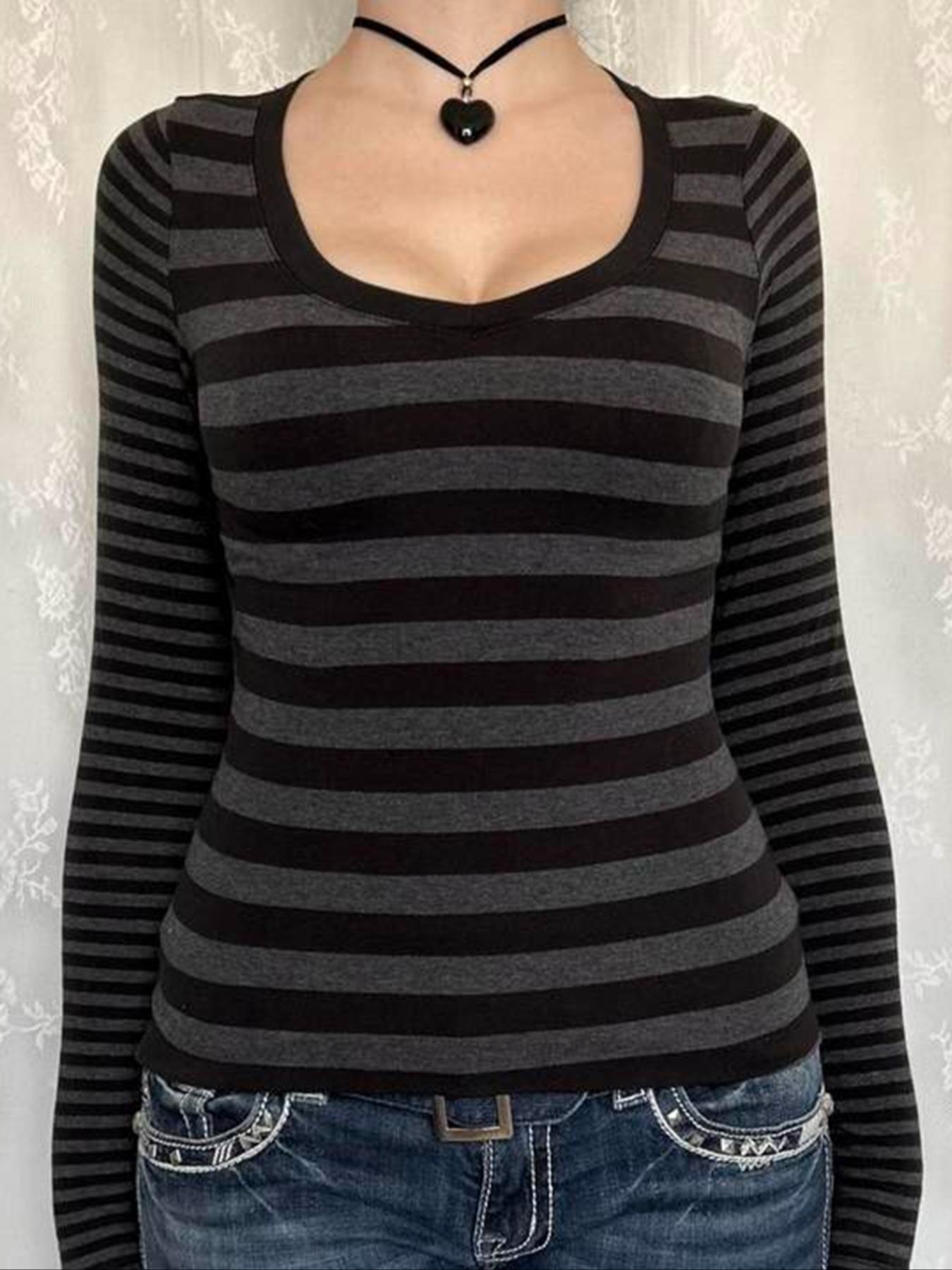 Women's Fall Winter Striped Long Sleeve Knit T-Shirt, Comfortable Casual Slim Fit Top, Perfect for Home & Outdoor Wear