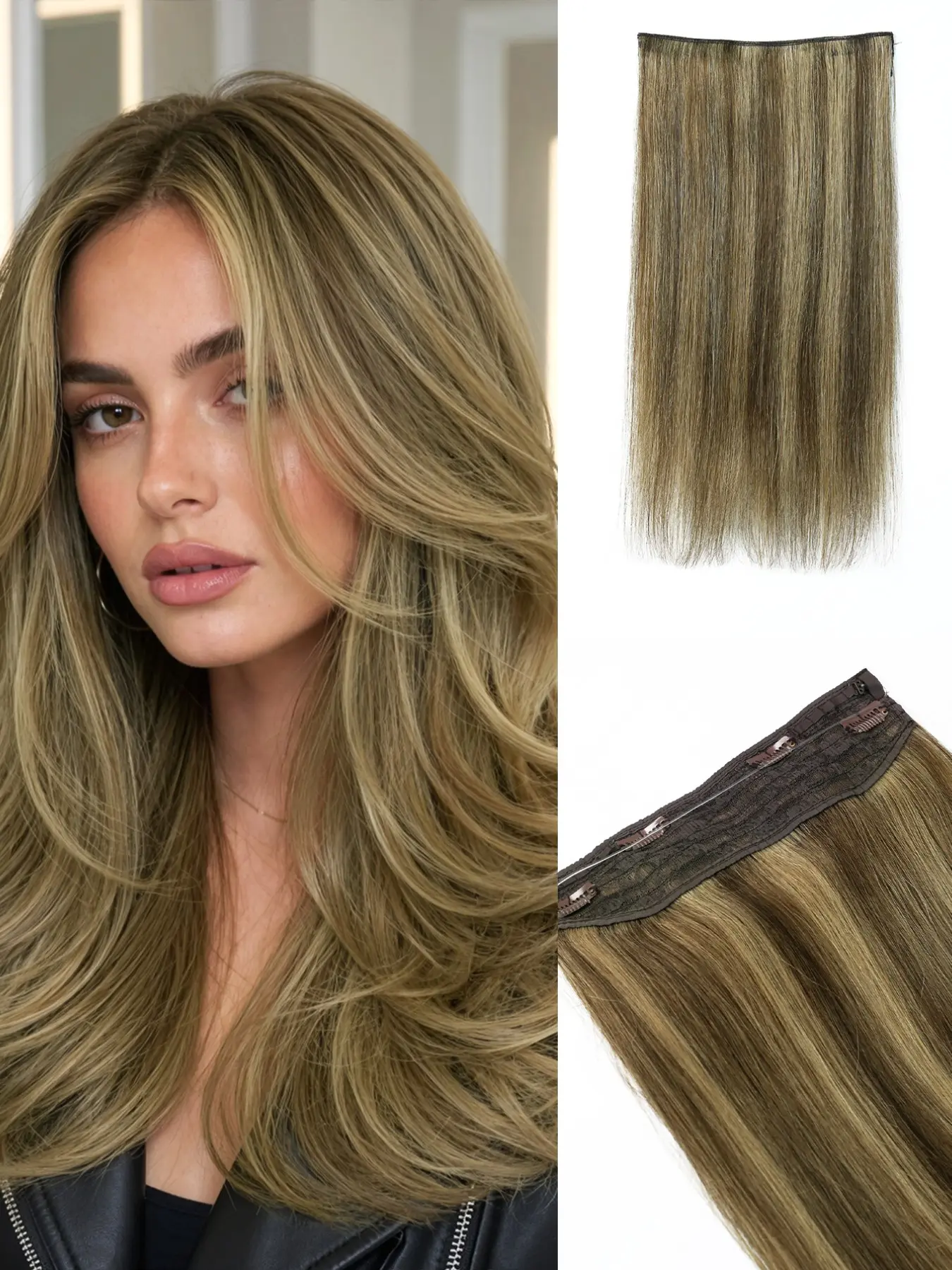 16–20 Inch Halo Hair Extensions Human Hair for Women, Brown Blonde Highlight Invisible Wire One Piece Clip-In Straight Hairpiece with Anti-Slip Clips