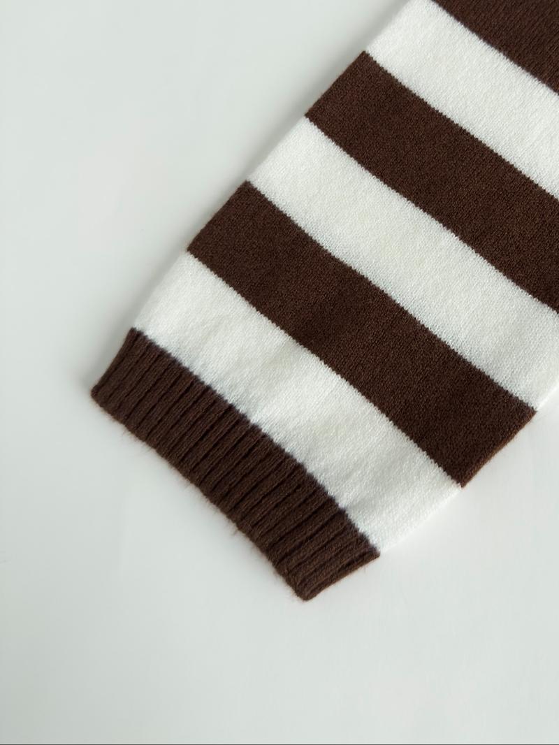 Women Striped Knit Top Brown White Blouse Long Sleeve Tee Slim Fit Sweater Boat Neck Top Ribbed Knit Blouse Stretch Fabric Top Casual Fashion Shirt Outfit French Chic Style Soft Knit Pullover Elegant Slim Top Lightweight Knitwear Casual Classy Top