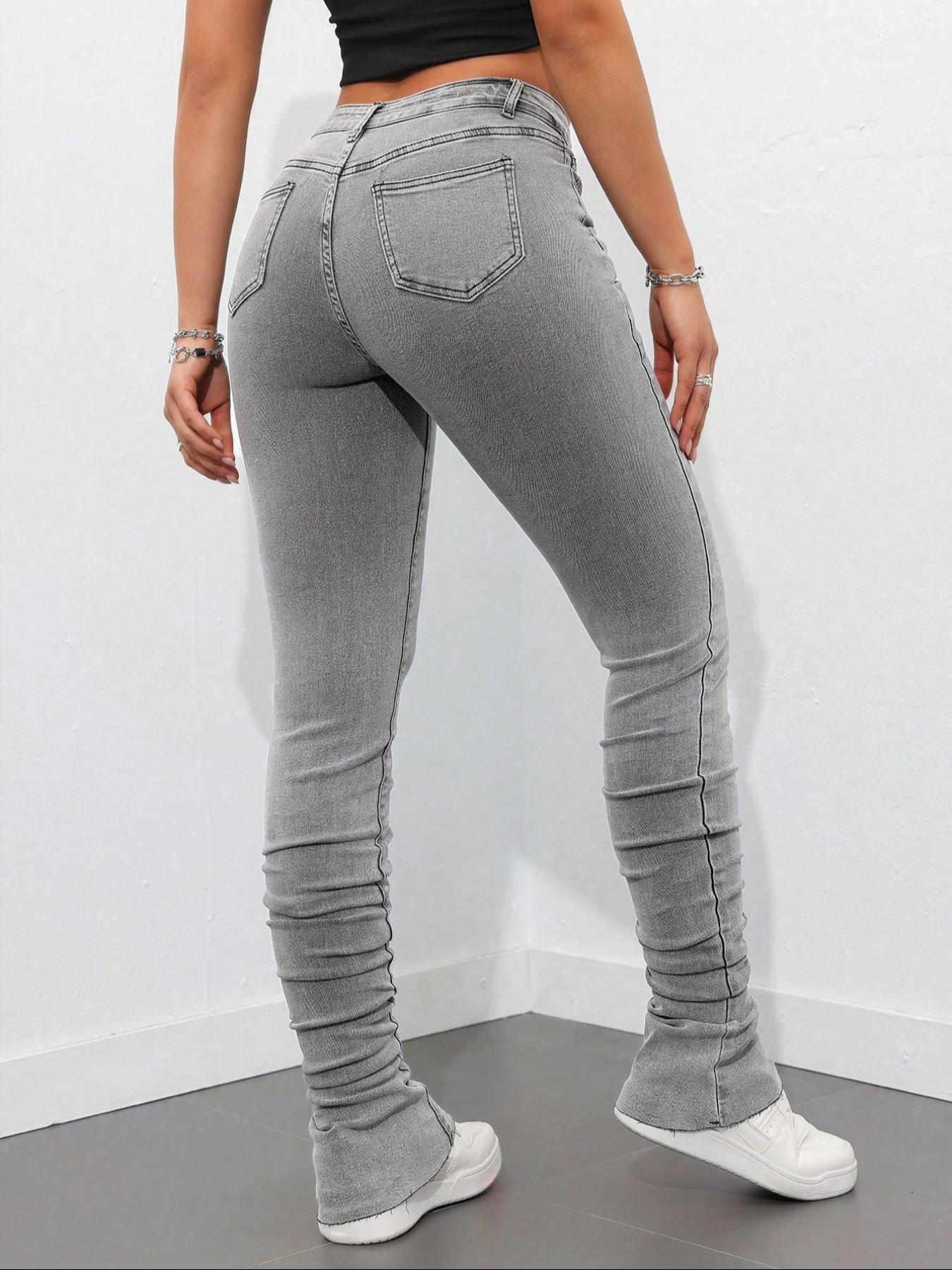 【Plus Size】 Solid Ruched Skinny High Waist Jeans, Casual Comfy Denim Pants for Daily Wear, Women's Bottoms for Summer 【Plus Size】 Solid Ruched Skinny High Waist Jeans, Casual Comfy Denim Pants for Daily Wear, Women's Bottoms for Summer