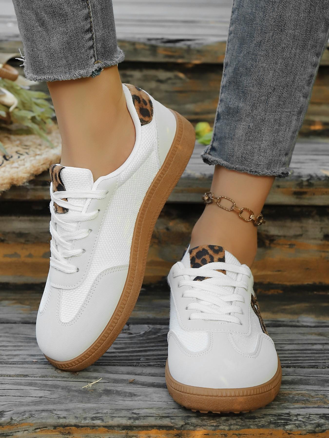 Women's Leopard Patchwork Trainers, Spring & Fall Casual Comfortable Breathable Lightweight Flat Shoes, Retro Style Daily Commute School