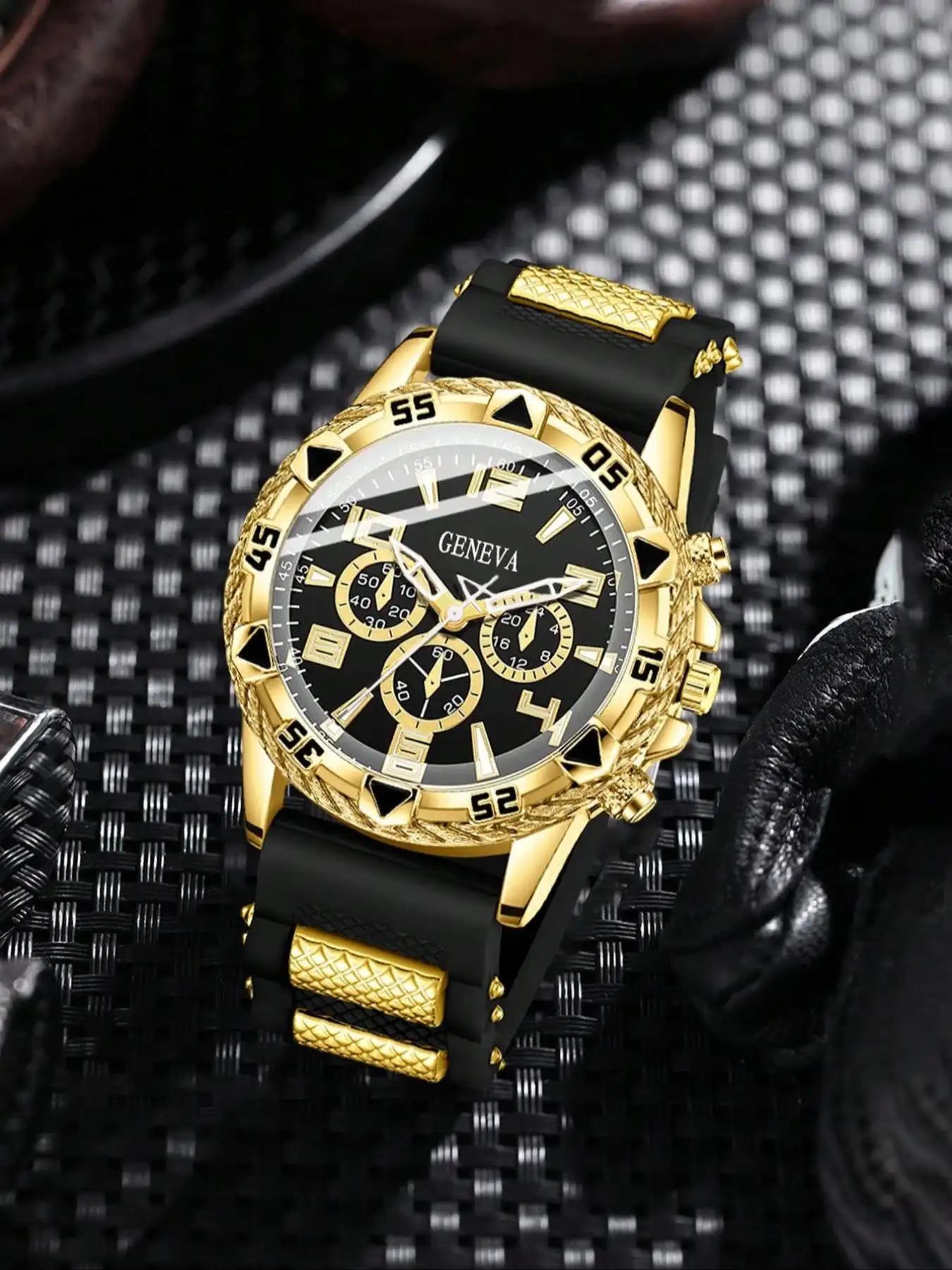 4-piece Fashion Men's Quartz Fashion Watch Set with Necklace, Bracelet Ring, Simulated Dial Design, Perfect Birthday Gift, Party Accessories, Box Not Included