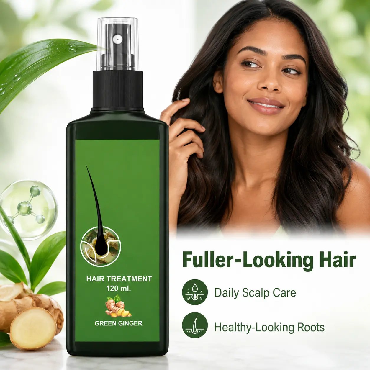 Green Ginger Hair Care Spray, Natural Infused Gentle Scalp Nourisher & Treatment Solution, Moisturizes Scalp, Softens Dry Rough Strands, Daily Use for Dry Weak Hair Users