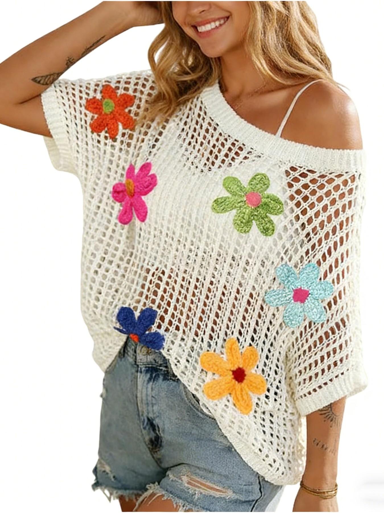 Women's Summer Crochet Floral Short Sleeve Pullover Knit Shirt, Boho Style Loose Fitting Beach Cover-Up for Trendy