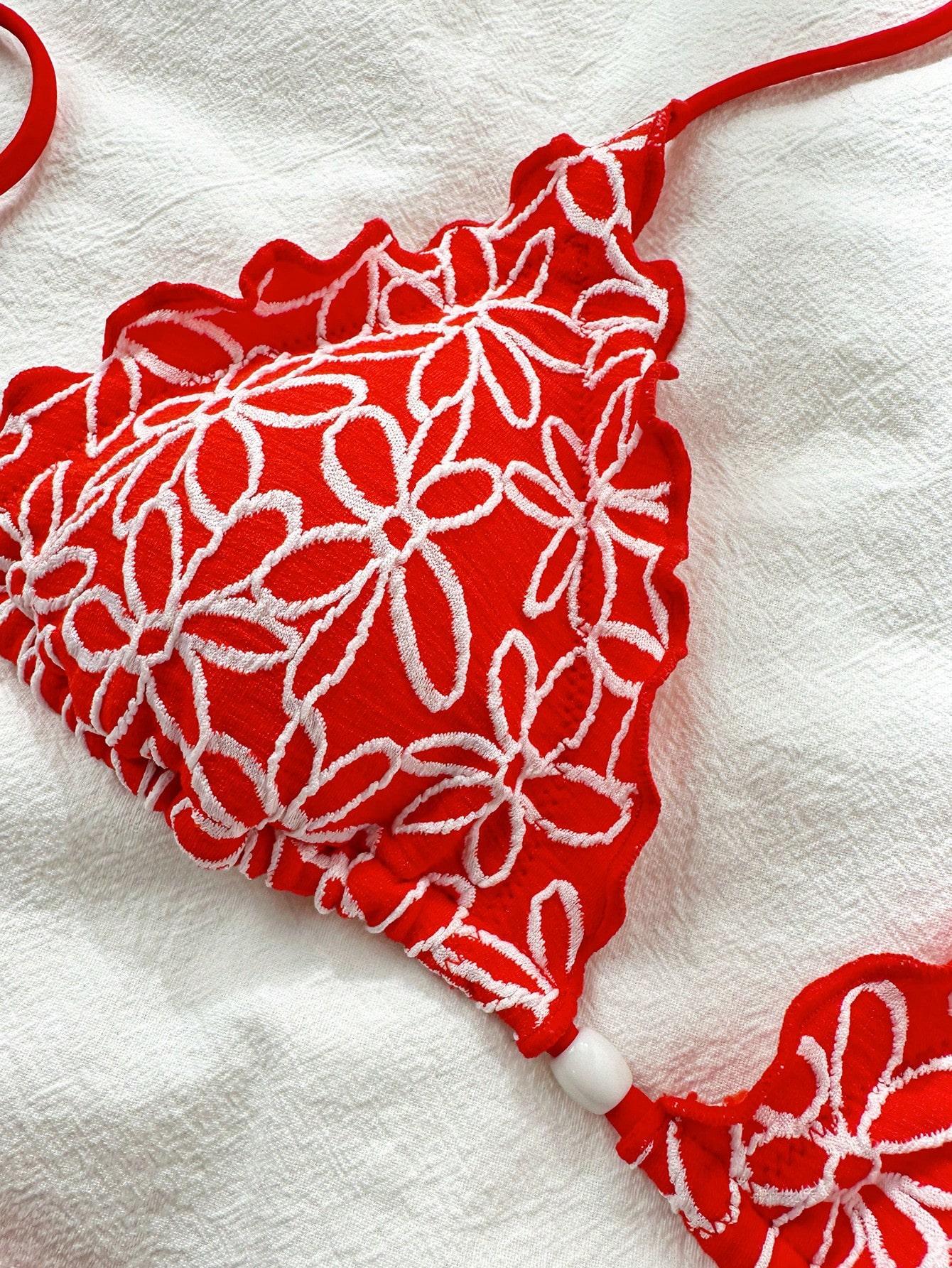 Women's Sexy Halter Bikini Sets Jacquard Bikini Swimsuits Tie Side Triangle Bathing Suits Two Piece Bathing Suits, Halter Bikinis Set, Triangle Bikini Top