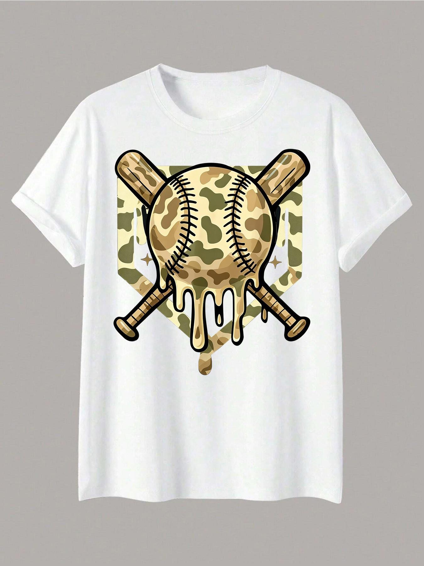 Baseball Style Ice Cream Drip Color Boy Pattern Camo T-Shirt, Fashion Casual Clothing, Ideal Gift for Sports Enthusiasts & Teens