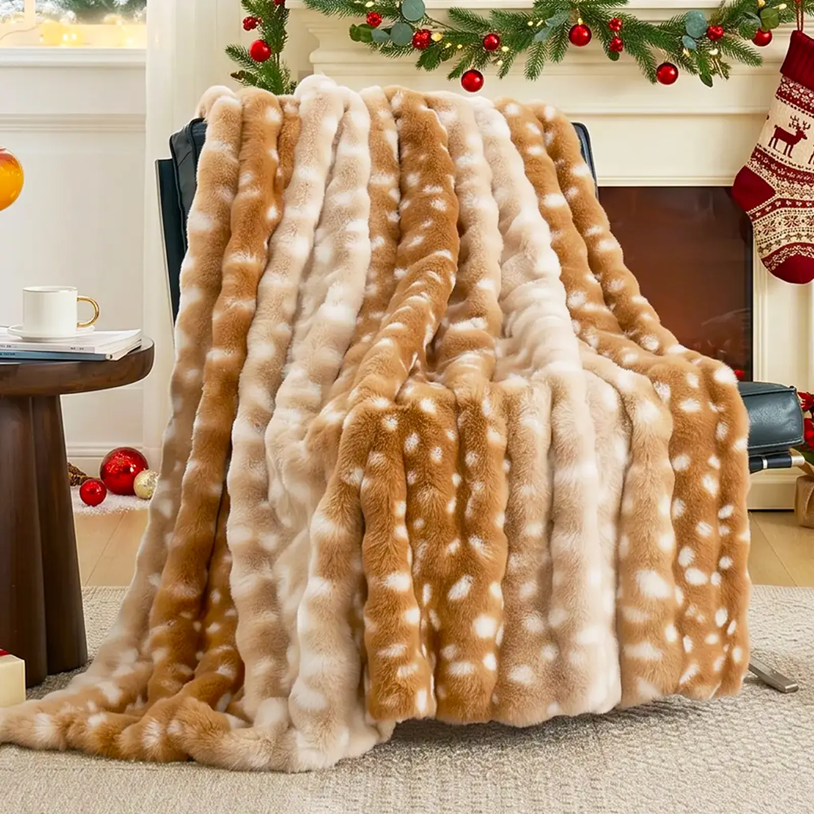 Cozy Bliss 630GSM Faux Rabbit Fur Bubble Throw Blanket - Soft, Warm, Fluffy Plush Deer Print Blanket for Anxiety Relief, Bedding, Room Decor, Boujee Home Accessories, Chill Room Accessories (Gf Gift for Adult Women)