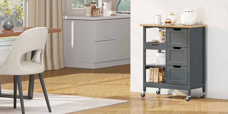 Yitahome Small Solid Wood Top Kitchen Island Cart on Wheels with Storage, Rolling Portable Dining Room Serving Utility Carts Mobile Movable with 3 Drawers Cabinet