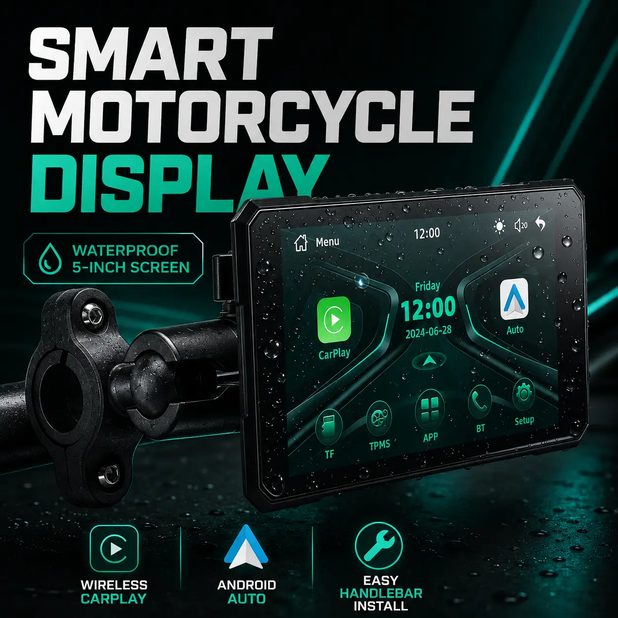 Wireless Motorcycle Smart Display with CarPlay & Android Auto, 5-Inch Touchscreen, Waterproof Design, Helmet BT Audio and Hands-Free Siri & Google Assistant Control