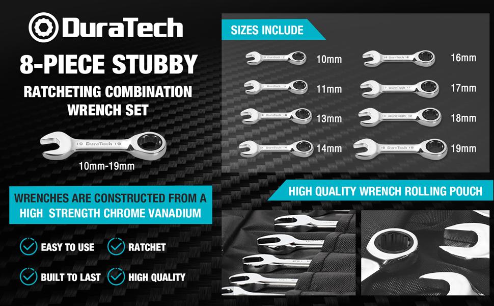 #JumpstartSale DURATECH Stubby Ratcheting Combination Wrench Set, SAE, 8-Piece, CR-V Steel, with Rolling Pouch #JumpstartSale DURATECH Stubby Ratcheting Combination Wrench Set, SAE, 8-Piece, CR-V Steel, with Rolling Pouch