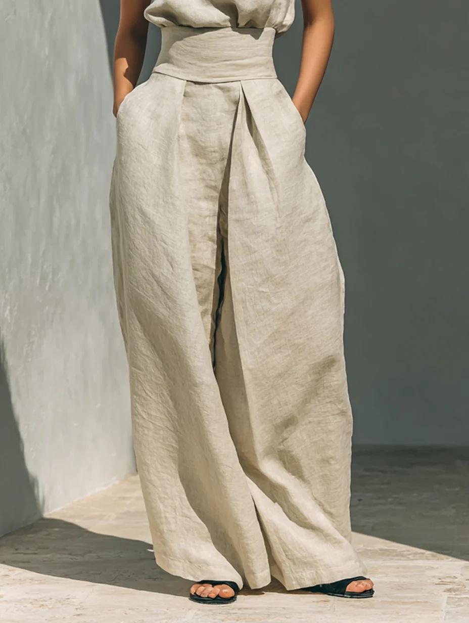D2110 Solid Color High Neck Athleisure Two Piece Set For Women Elegant Sleeveless Top Matching Flowy Drape Wide Leg Pants Pockets Classic Old Money Aesthetic Casual Everyday Co Ord Outfit Clothes