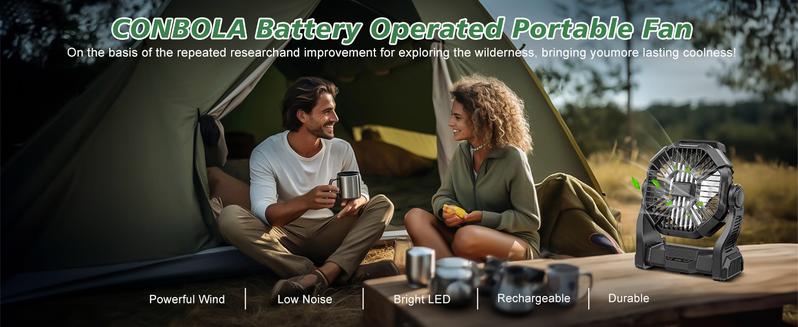 Portable Rechargeable Camping Fan with LED Lantern 10-Inch Battery Operated Outdoor Fan 270° Rotation Quiet Personal USB Cooling Device for Travel Camping