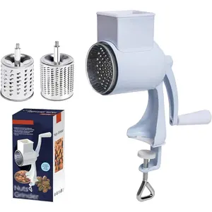 Manual Nut Chopper Grinder, Rotary Cheese Grater Hand Crank Cheese Shredder Multifunctional Dried Fruit Crusher Peanut Masher Grinding Device for All Nuts Walnut Pecan Double Sword White