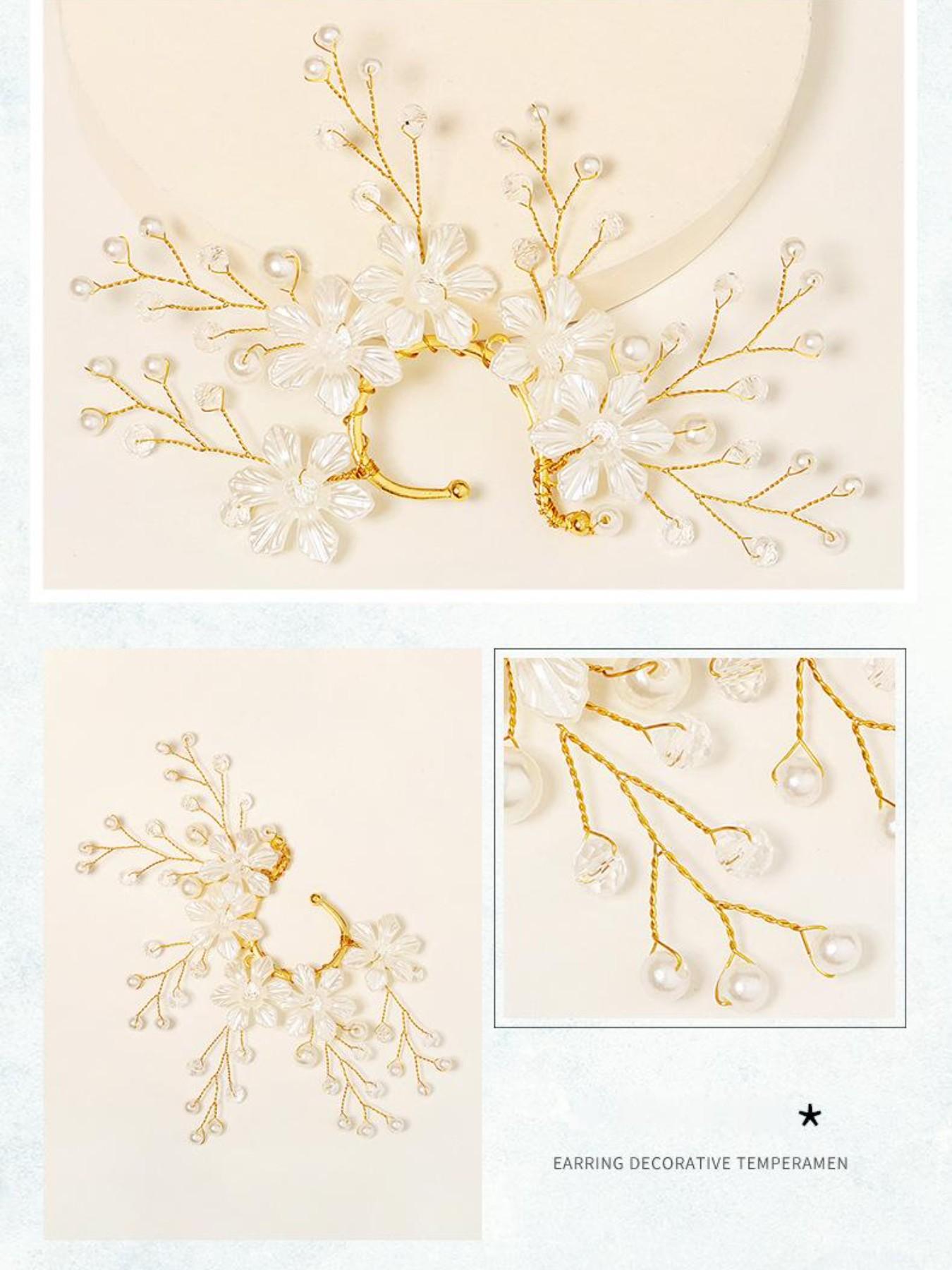 Elegant Flower Pearl Crystal Ear Clips, Handmade No-Piercing Earrings, Bridal Wedding Hair Accessories, Party Gifts