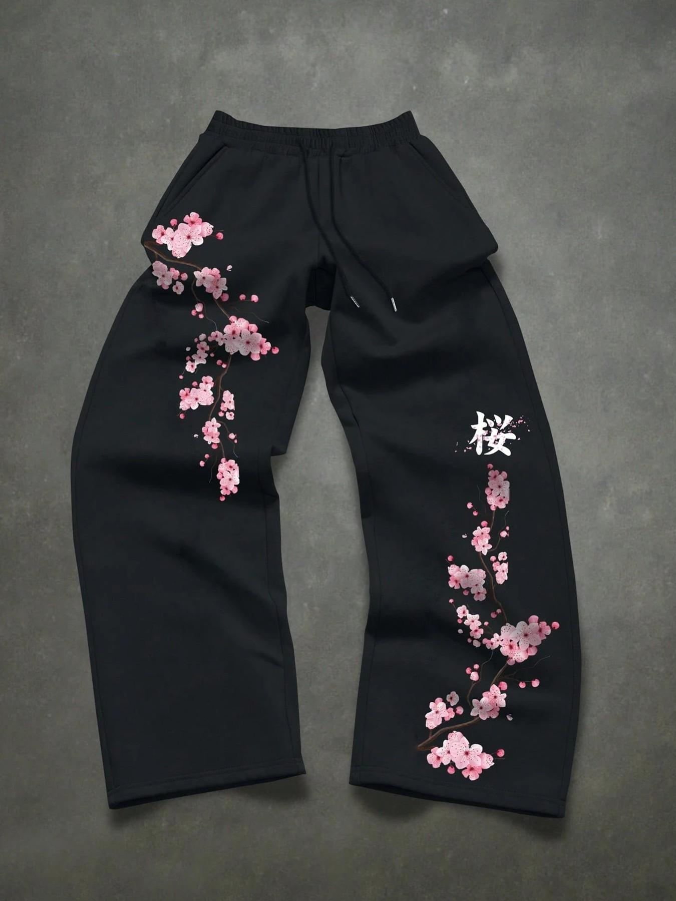 Japanese Streetwear Cherry Blossom Graphic Sweatpants - Oversized Aesthetic Joggers for Men & Women, High Waisted Loose Track Pants for Daily Casual & Street Style Outfits