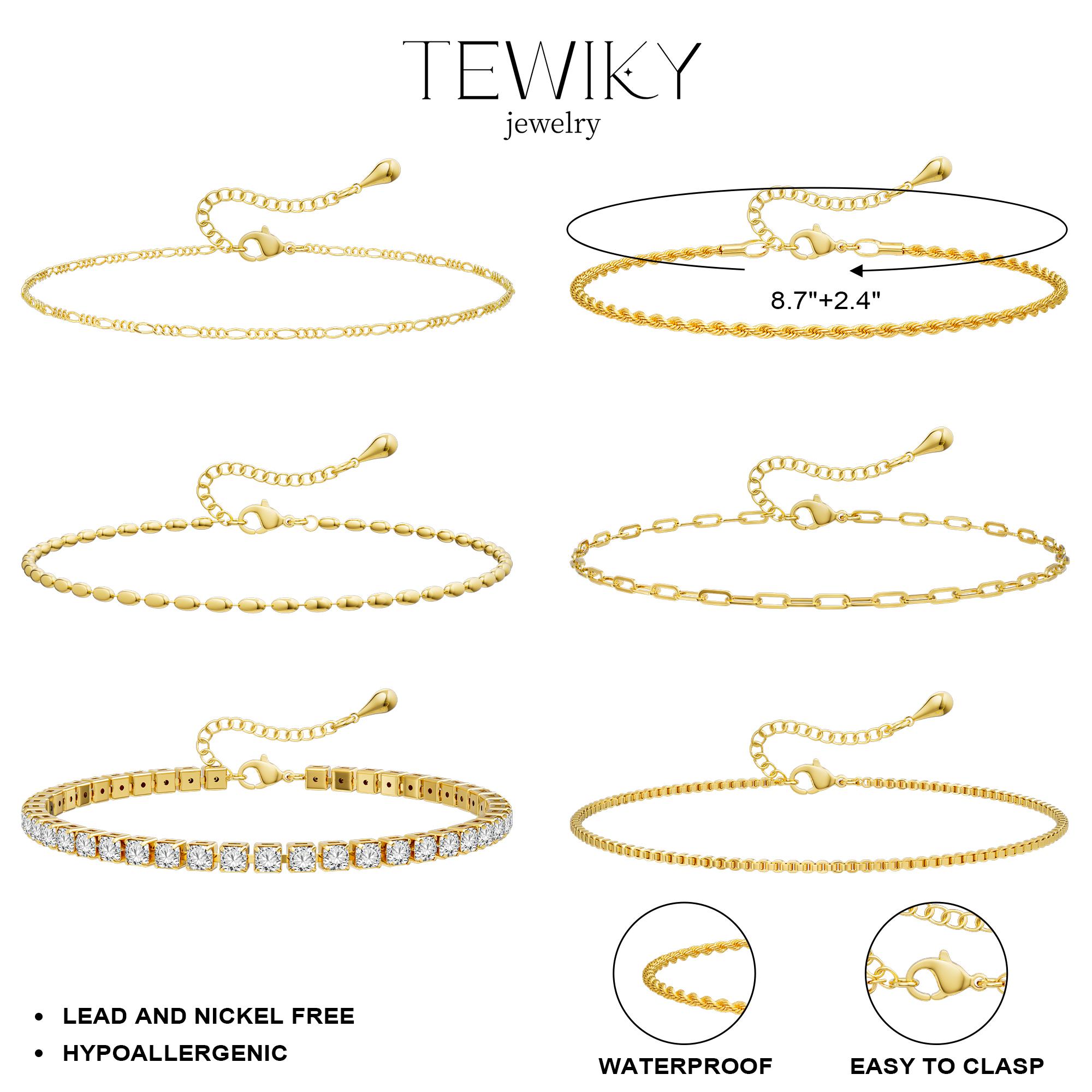 Tewiky Dainty Layered Waterproof 6pcs Anklet For Women Adjustable Womens Anklet Set Stackable Figaro Beaded Cuban Link Anklets Daily Clothing Decor For Beach Summer Trendy All-match & Exquisite Jewelry For Mother’s Day Gift