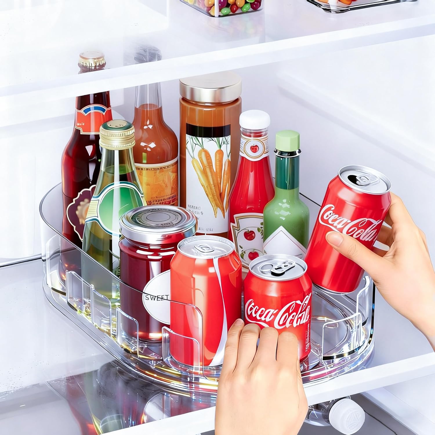 Rotating Refrigerator Storage Rack, 360° Rotating Spice Rack, Soft Drink can Storage Rack, Rotating Refrigerator Tray,Suitable for Refrigerator Storage, Kitchen, Desktop, Cabinet, and Food Storage Compartments.