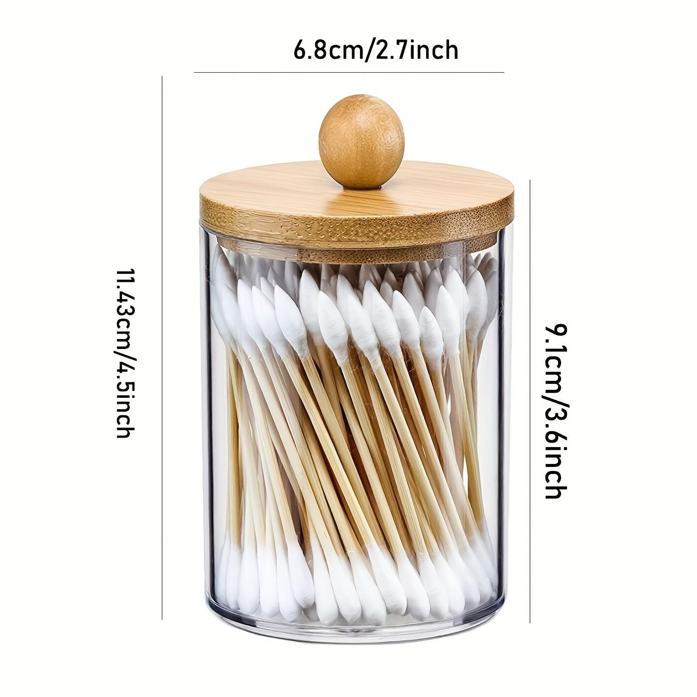 3 Piece 10 Oz Cotton Swab Organizer Set, Bamboo Lid Transparent Plastic Bottle Container, Makeup Storage Box Includes Swabs Balls Pads Floss