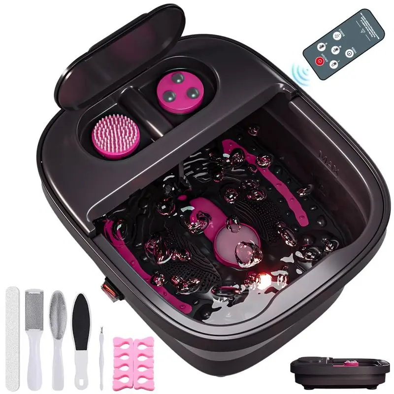 Collapsible Foot Spa Bath Massager with Heat & Bubble, Foldable Foot Soaking Tub with Remote Temperature Control and 3 Pedicure Attachments for Home Relaxation