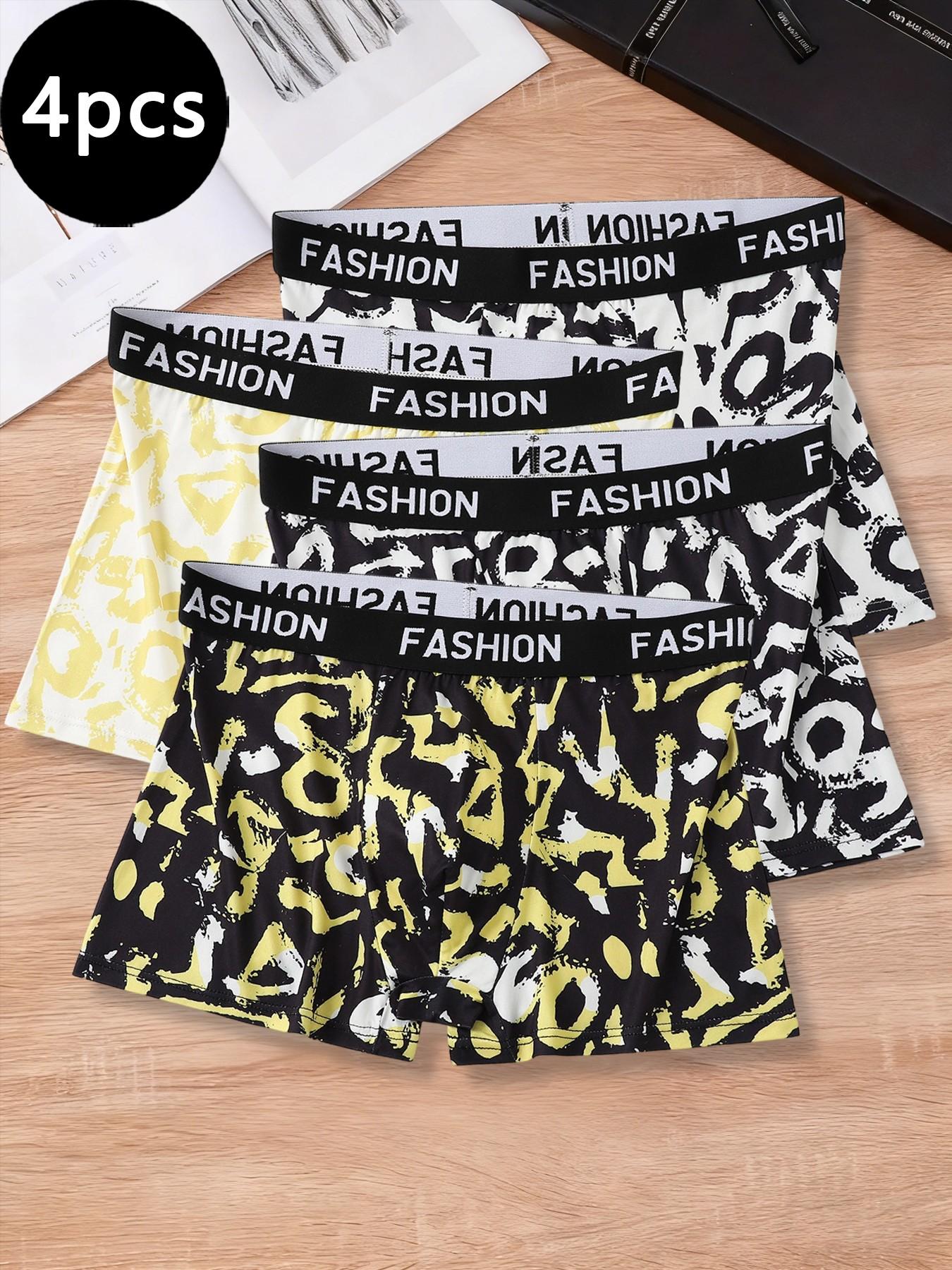 4-piece men's trendy printed boxer briefs, comfortable and breathable, with stylish color-blocked waistband