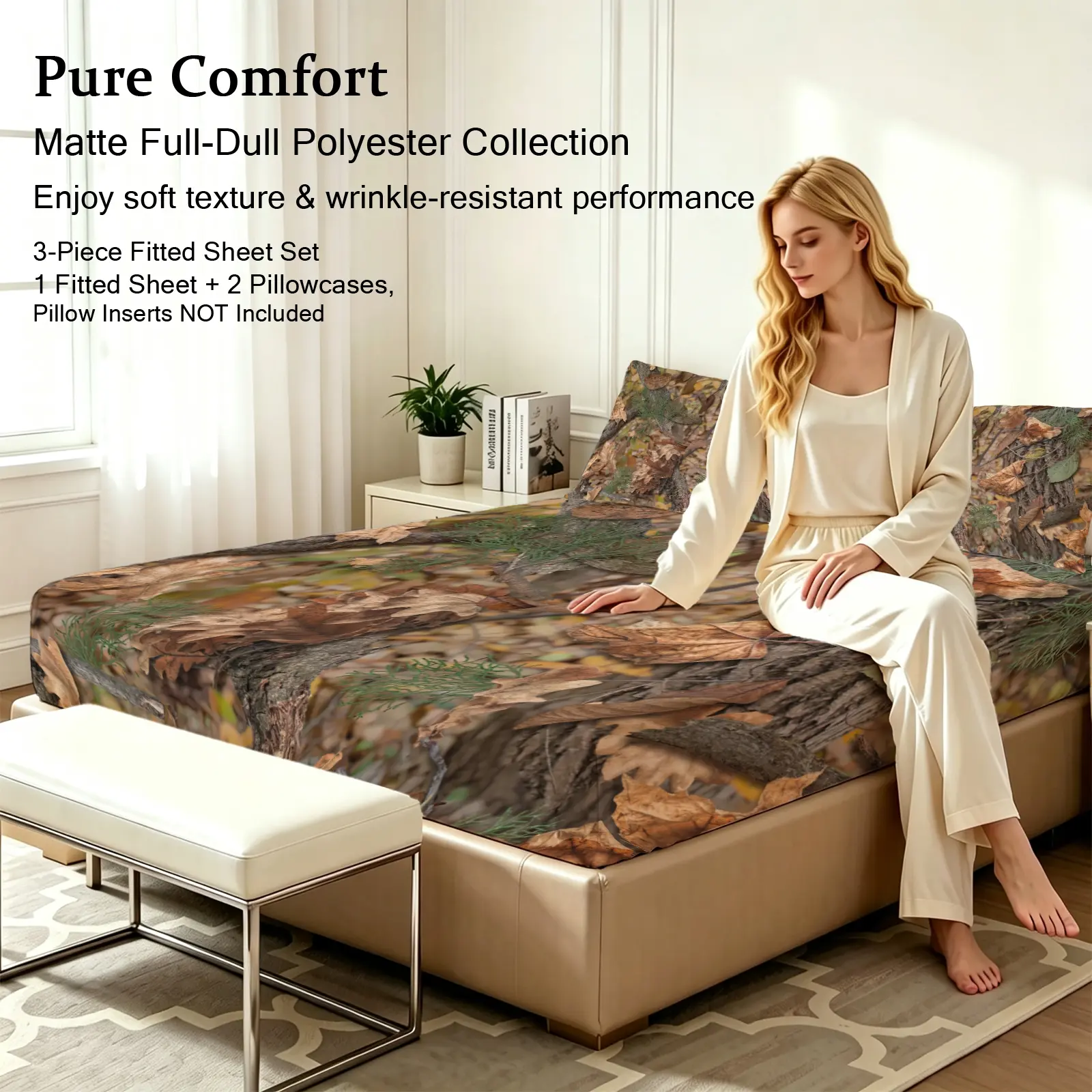 3pcs Fitted sheet Nature Woodland Camo Printed Bedding Set, Soft Wrinkle Resistant Fade Proof Breathable Polyester Fitted Sheet with 2 Pillowcases, Comfortable Bed Sheet Set for Bedroom Home Full Queen King Size Breathable Sheets