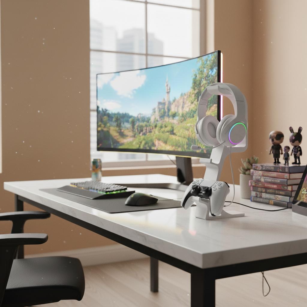 PS5, Xbox controller bracket & earphone holder, gamepad + earphone storage bracket, gamepad storage, durable plastic, space-saving, simple white and black, high-quality plastic.