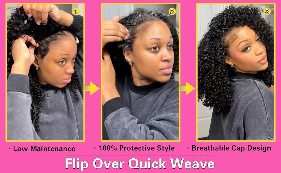 [3 In 1 Half Wig ]Tahikie Kinky Curly Half Wig Human Hair Cheap Wig Flip Over Wand Curly Half Wigs Beginner Friendly Comfortable Fit Vacation Hair Glueless Kinky Curly Wigs Human Hair Drawstring Headband Wig For Women Summer Wigs TikTokShopBlackFriday