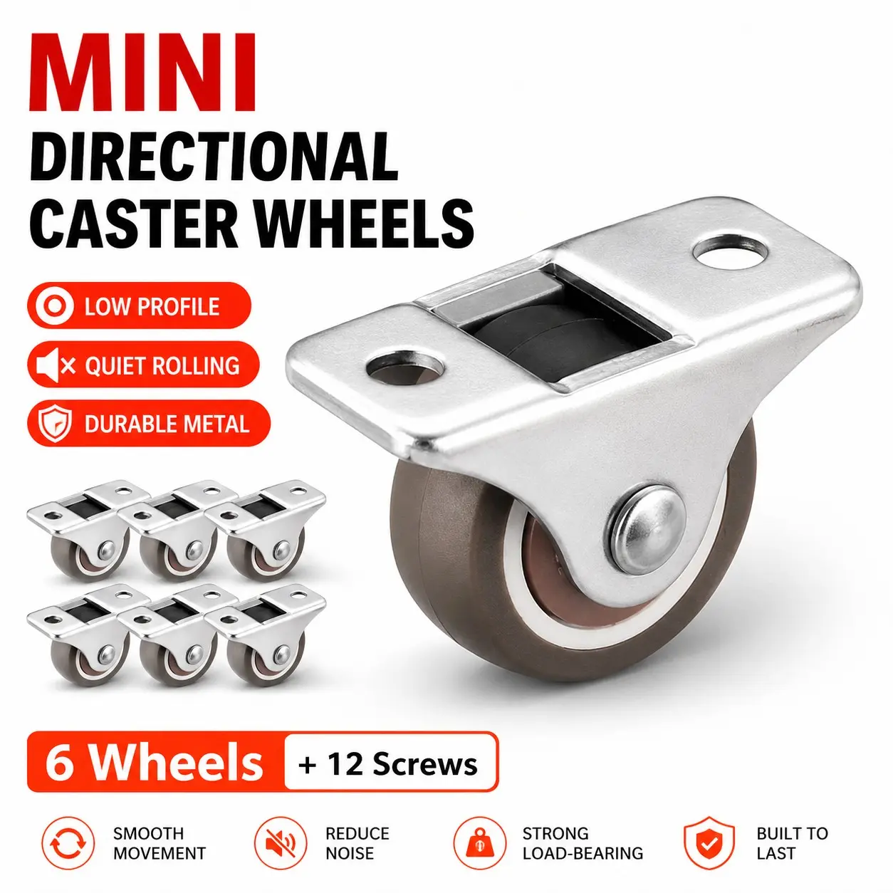 6 Pack Mini Caster Wheels with 12 Screws, 1 inch Low Profile Swivel Casters with Bearings, Drawer Shoe Cabinet Rolling Wheel Replacement Parts, Plastic Small Wheels for Tatami Drawers Cabinets and Furniture, Easy Installation Space Saving Home Organizatio