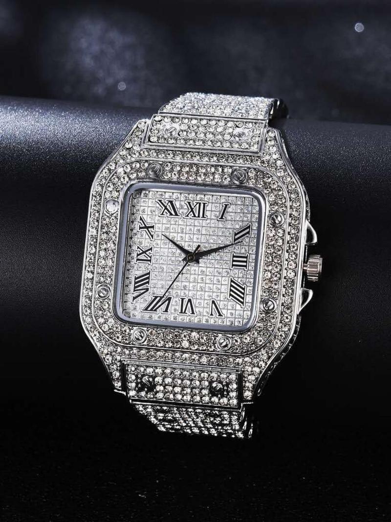A square-shaped men's quartz watch featuring a starry sky design on the dial, stainless steel strap, diamond embellishments, and Roman numerals, Diamond Wrist Watch A square-shaped men's quartz watch featuring a starry sky design on the dial, stainless steel strap, diamond embellishments, and Roman numerals, Diamond Wrist Watch