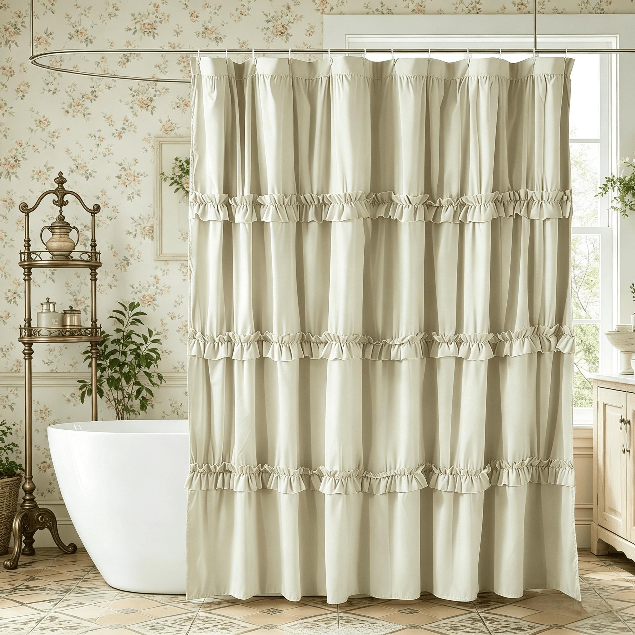 French Vintage Ruffled Shower Curtain, Handmade Pleated Microfiber, Butterfly Knot, 12 Holes, 72"x72", Perfect for Master Bathroom