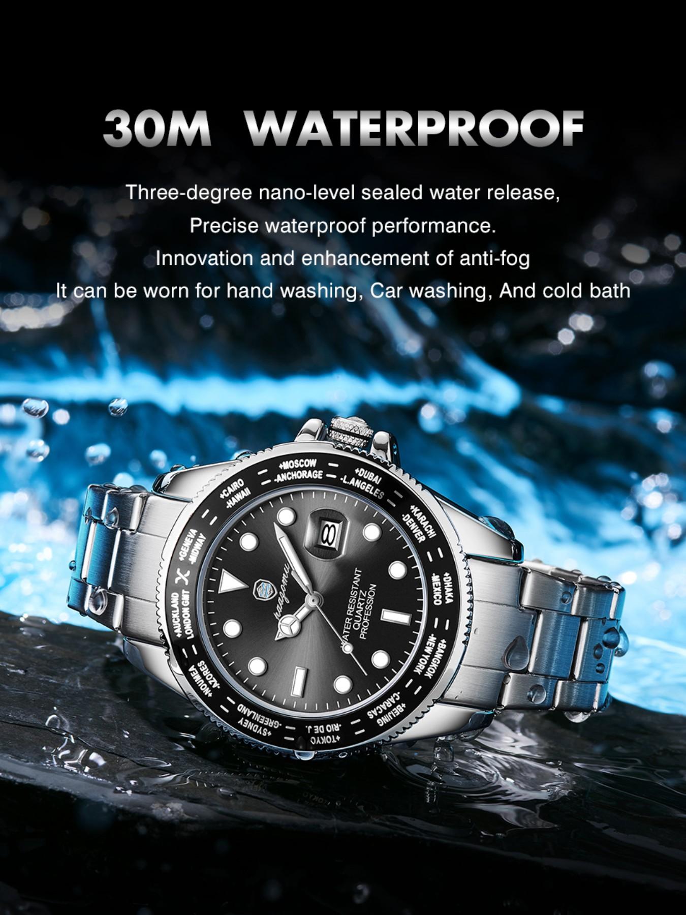 Paazomu Sport Men's Watch, Quartz Analog Display, Waterproof & Luminous, Stainless Steel Band, Casual Style, Ideal Gift