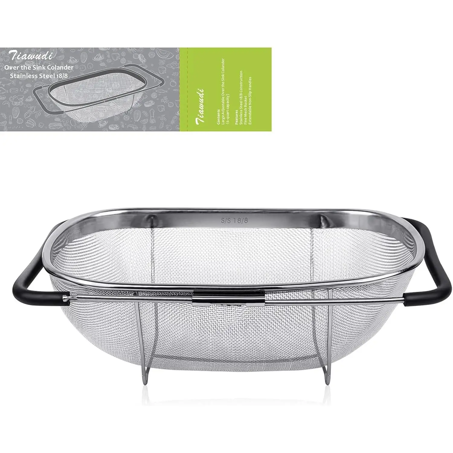 6-Quart Large Over The Sink Colander, Heavy Duty 40% Thicker 18/8 Stainless Steel Fine Mesh Strainer Basket with Expandable Rubber Grip Handles - Strain, Drain, Rinse Fruits, Vegetables