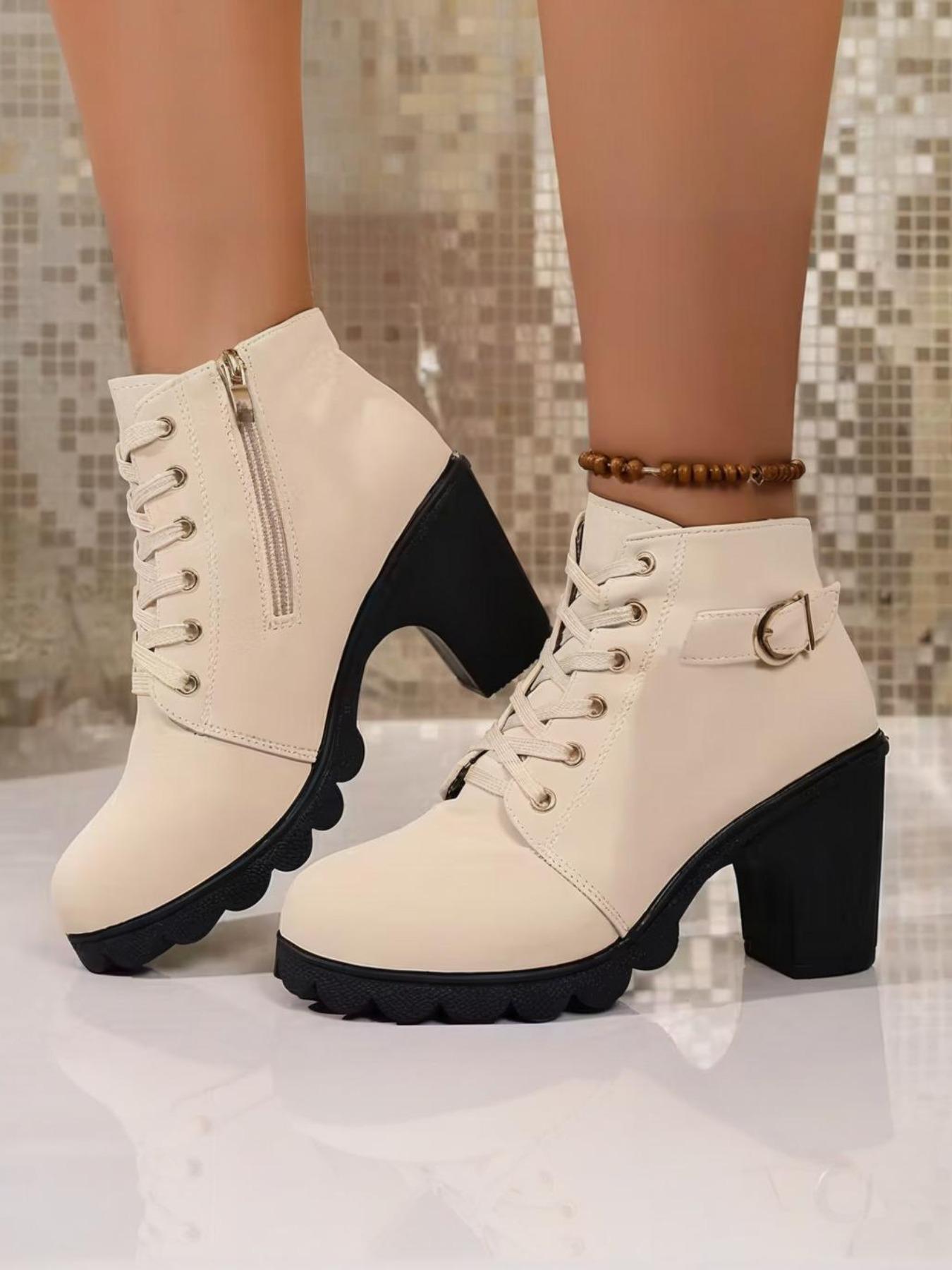Women's Round Toe High Heel Thick Sole Shoes, Side Zipper with Metal Buckle Design, Fashion Short Boots for Outdoor and Commuting, Casual Boots, Casual Ankle Boots