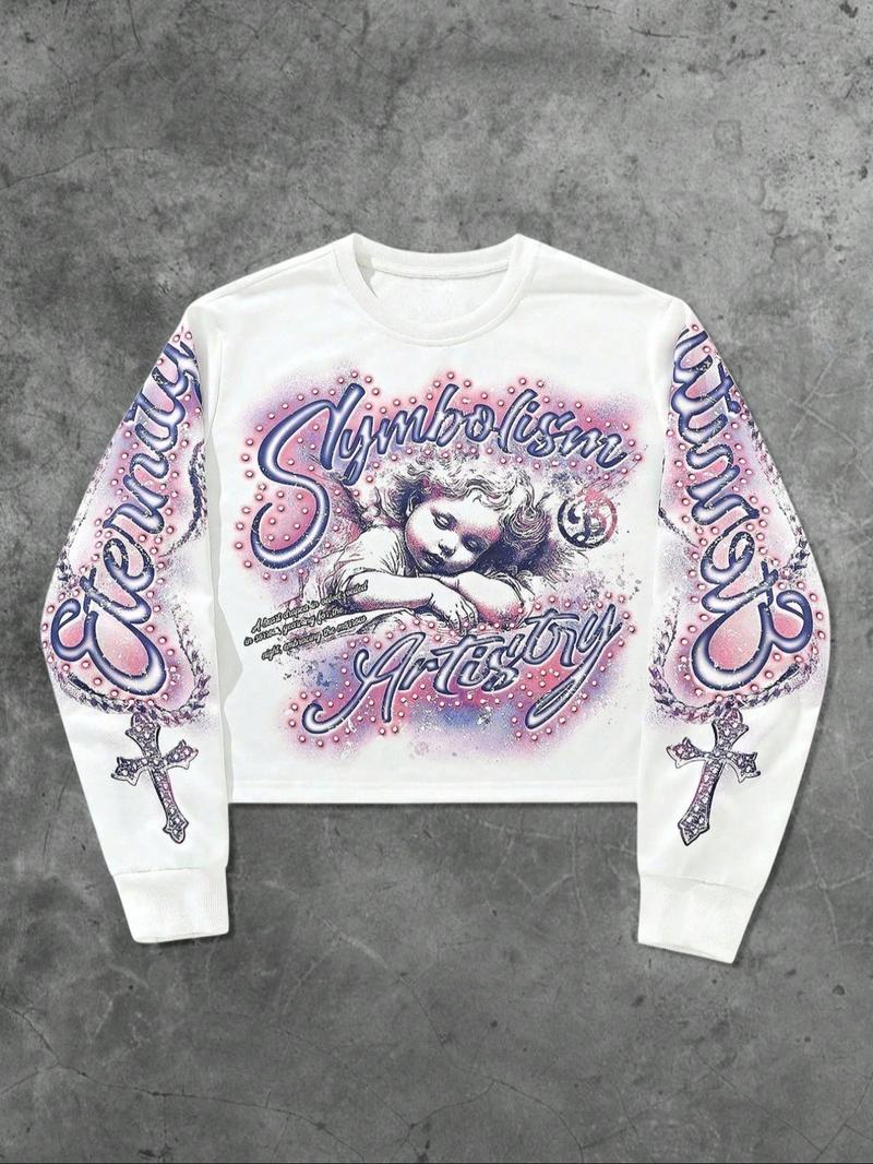 Unisex Streetwear Angel Print Design Sweatshirt, Loose-fitting Casual Long Sleeve Crewneck for Fall & Winter Fashion