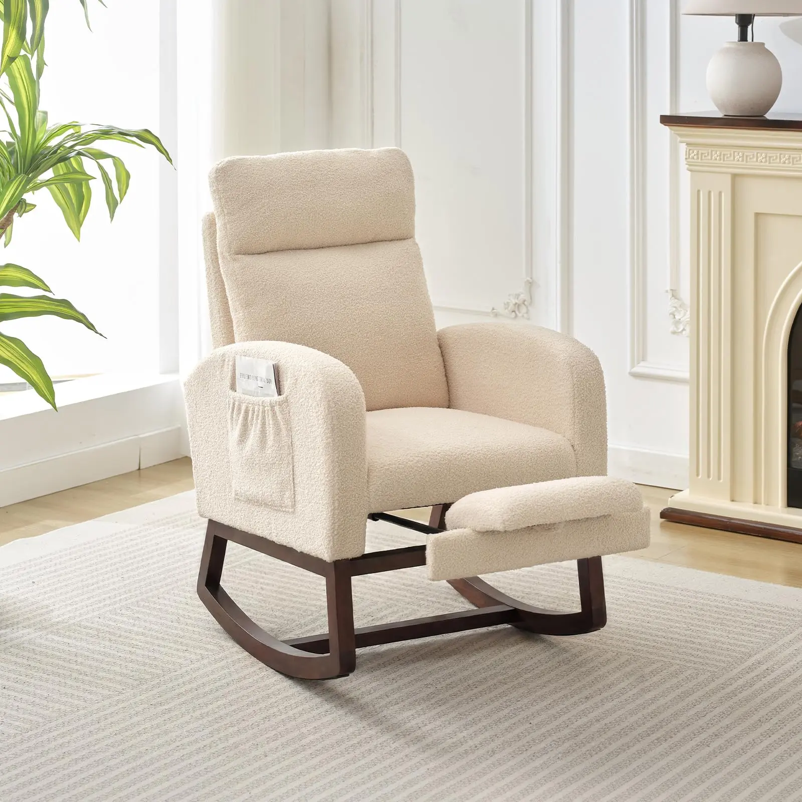 Rocking Chair with Foot Rest, Modern Teddy Glider Rocking Chair with Wood Legs and Side Pocket, Upholstered Rocker Accent Armchair for Nursery, Living Room, Bedroom, Beige wholesale