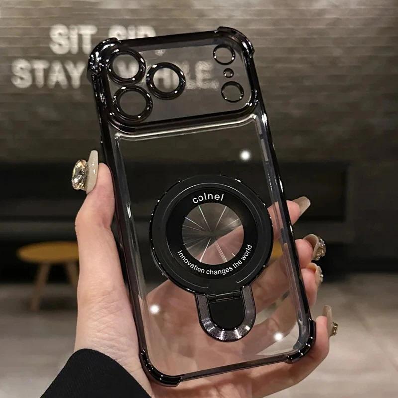 For Magsafe Wireless Charging Case For iPhone 17 Pro Max Air 14 15 Plus 13 12 16 Pro Transparent Plating Ring Holder Phone Cover