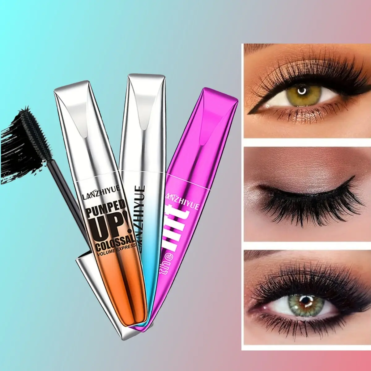 3 Brush Heads Mascara Set, Waterproof Sweatproof, Long-Lasting, Volumizing, Fiber Formula, Creates Lash Length & Density, Multi-Pack