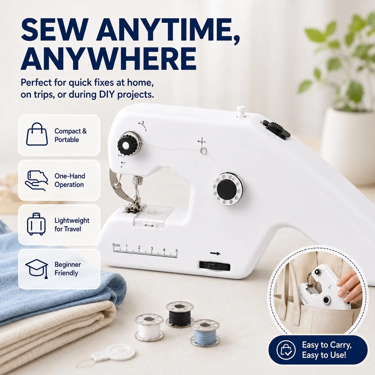 Mini Sewing Machine, Automatic Portable Double Thread Handheld and Desktop Sewing Tool with Adjustable Stitch Tightness, Easy Operation for Quick Hemming, Garment Repair, Fabric Alterations, DIY Needlework, Home, Apartment and Travel Use